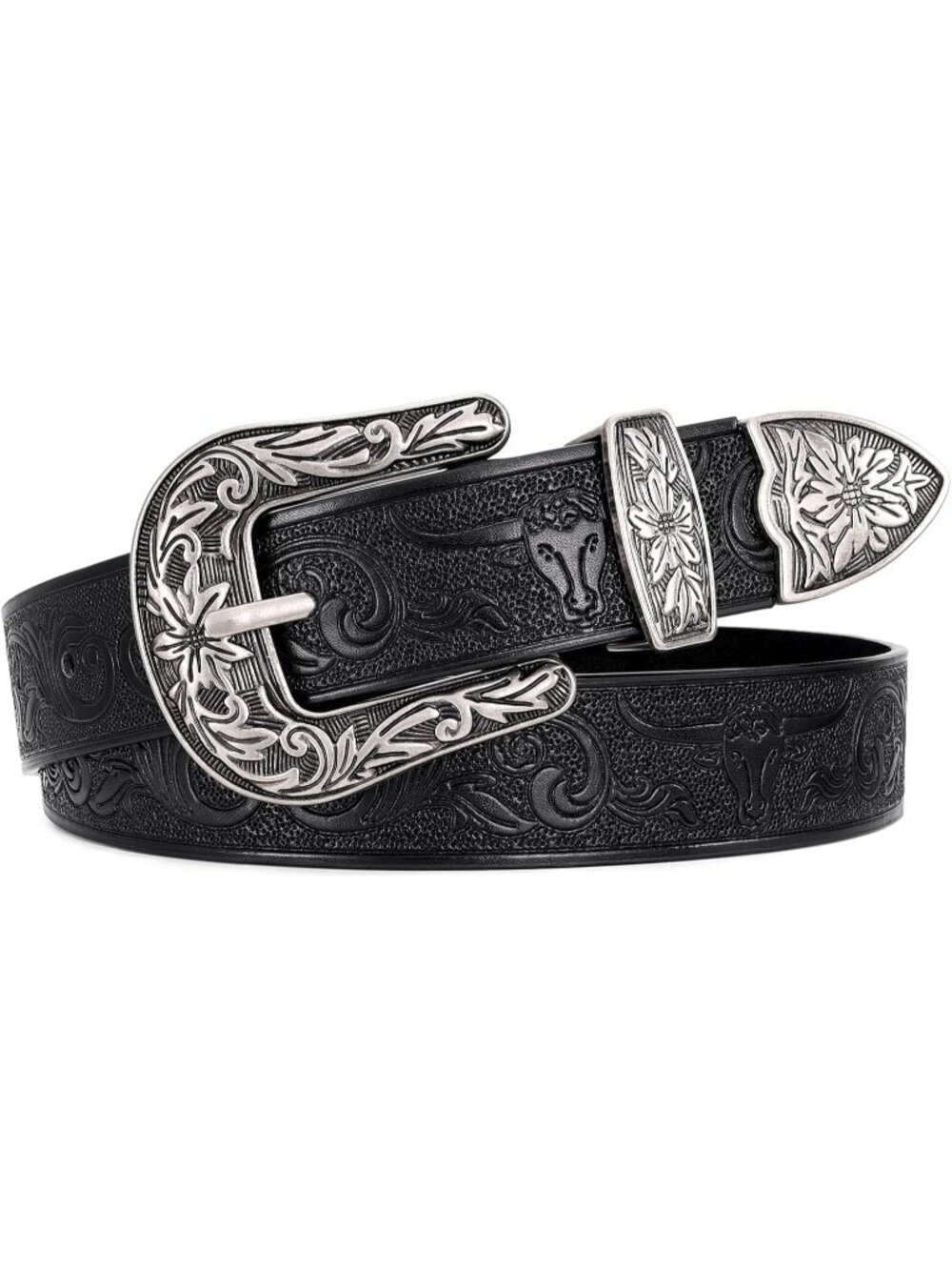 Women's L-Black Leather Belts Vintage Western Design Silver Buckle Waist Belt